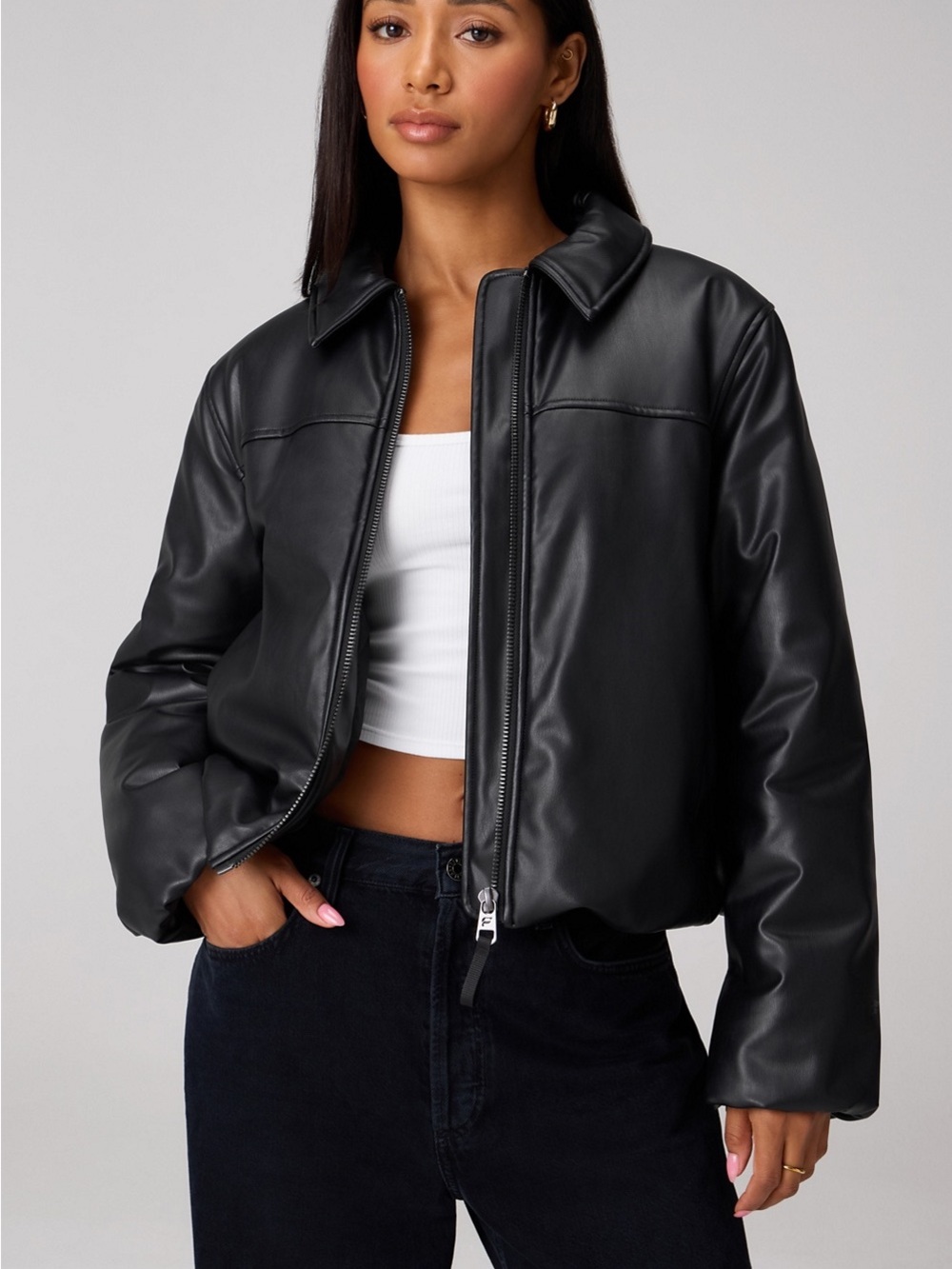 Fabletics Faux Leather Padded Bomber Puffer Jacket Moto Streetwear Y2K